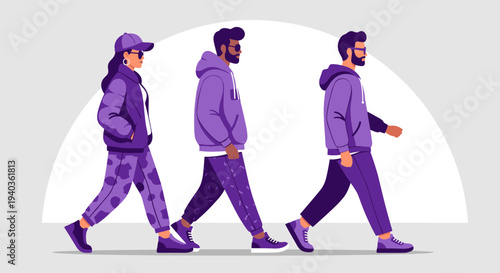 Group of Three People Walking Together in Casual Clothing.