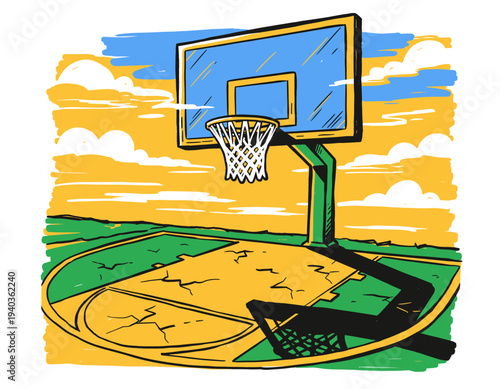 Basketball court design for t-shirt. Streetball champion league. Basketball artwork for apparel. Urban court graphic. Outdoor sport illustration.