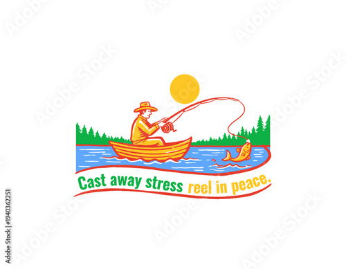 Fishing artwork for t-shirt design. Outdoor leisure activity illustration. Man in boat catching fish. Relaxing nature scene. Cast away stress reel in
