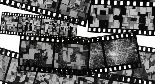 Collage of damaged film strips on white background.