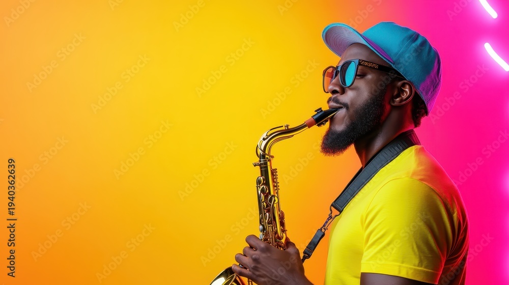 Naklejka premium A cool saxophonist passionately plays his instrument against a vibrant background, embodying musical artistry and the joy of jazz music that resonates with the soul.