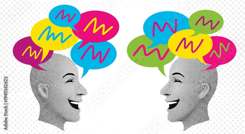 Two smiling men with colorful speech bubbles.