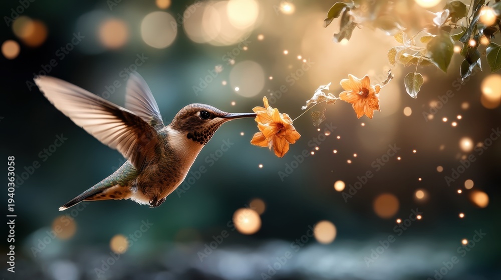 Fototapeta premium A vibrant hummingbird hovering near bright orange flowers, embodying the spirit of nature's harmony and life, captured beautifully in a moment of pollination and joy.
