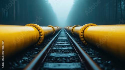 A striking view of bright yellow pipes stretching along railway tracks surrounded by misty trees, evoking a sense of wonder and curiosity about their purpose and origin.