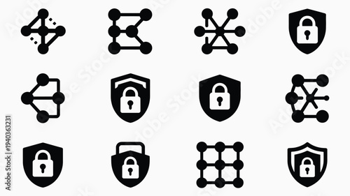 Minimalist data network icons with locks and shields on white background symbolizing cybersecurity and protection