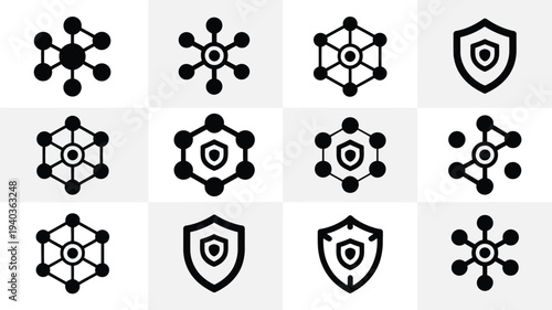 Minimalist data network and security icons in black on gray and white background