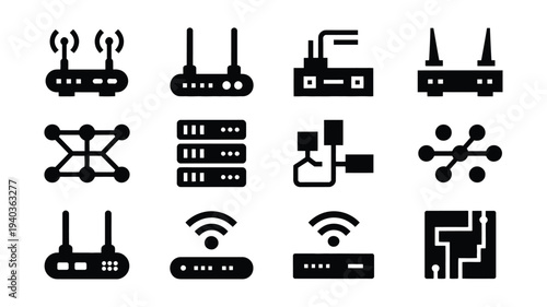 Collection of modern minimal network and internet icons including routers servers and wi fi symbols on white background
