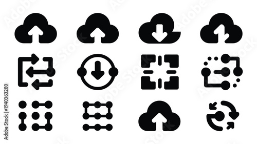 Collection of sleek data network and cloud storage icons for digital technology and communication