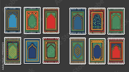 A diverse collection of 12 ornate prayer cards arranged in two rows against a dark background