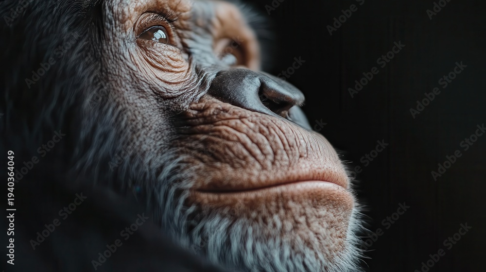 Obraz premium A striking close-up of a chimpanzee's face, highlighting its expressive eyes and thoughtful demeanor, offering a glimpse into the emotions of our intelligent cousins.