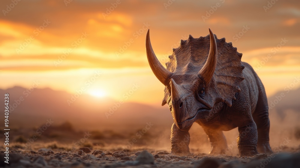 Fototapeta premium A majestic Triceratops dinosaur stands poised against a breathtaking natural landscape during sunrise, embodying strength and resilience in a prehistoric setting filled with wonder.