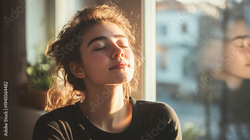 Close-up of a young woman sitting near a window with sunlight streaming across her face, eyes closed in calm happiness, cozy apartment interior softly blurred, natural authentic li