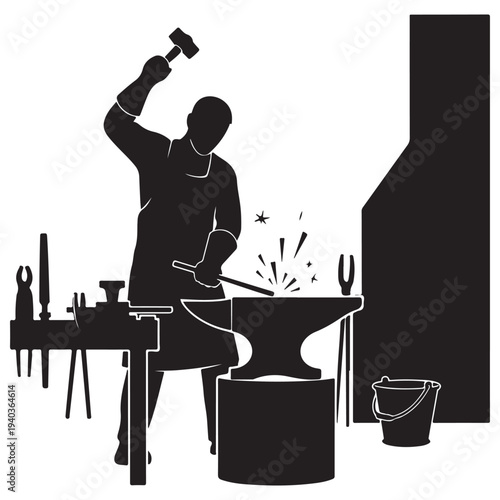 Skilled blacksmith hammers glowing metal on anvil, sparks flying in workshop.