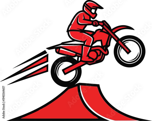 Motocross Rider Jumping Over Ramp Vector Illustration in Red and Black for Sports Design