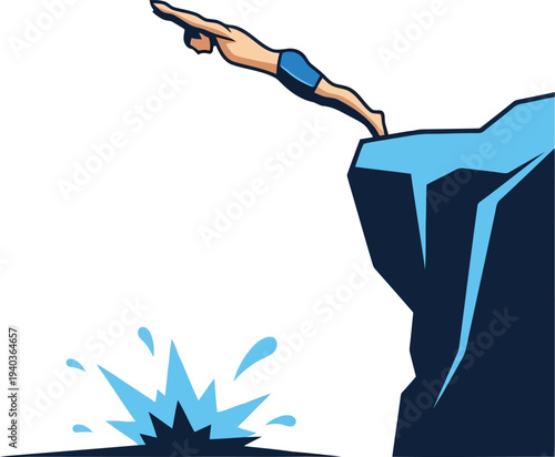 Vector illustration of athlete cliff diving into water, extreme sports concept, summer adventure graphic