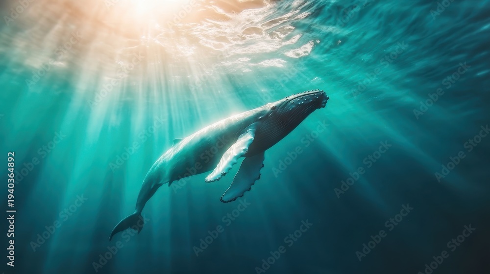 Obraz premium A stunning view of a humpback whale gracefully swimming through sunlight-dappled ocean waters, highlighting the beauty of marine life and underwater exploration.