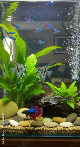 Colorful Fish Swimming in Aquarium Tank.