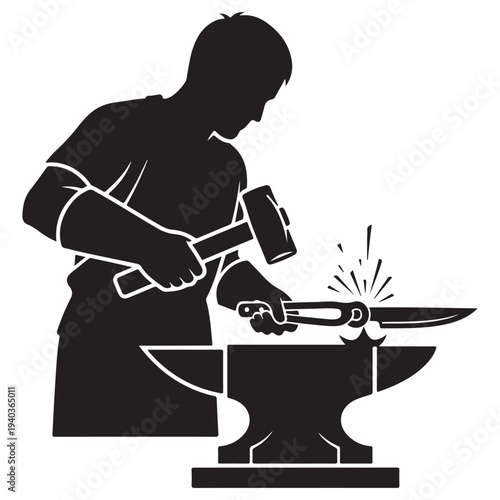 Skilled craftsman shaping metal with hammer and anvil, creating sparks of creation.