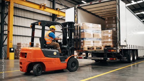 Skilled worker operating a forklift efficiently loads cardboard boxes onto a truck trailer inside a modern warehouse, ensuring streamlined logistics and distribution operations
