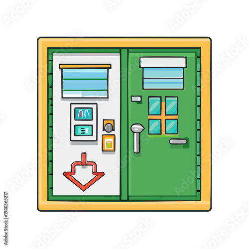 Cartoon illustration of a double door with various controls and a keyhole.