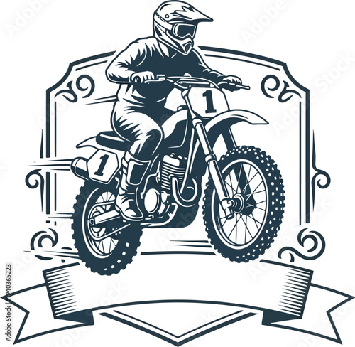 Vintage Motocross Rider Emblem with Dirt Bike and Helmet for Racing Logo Design