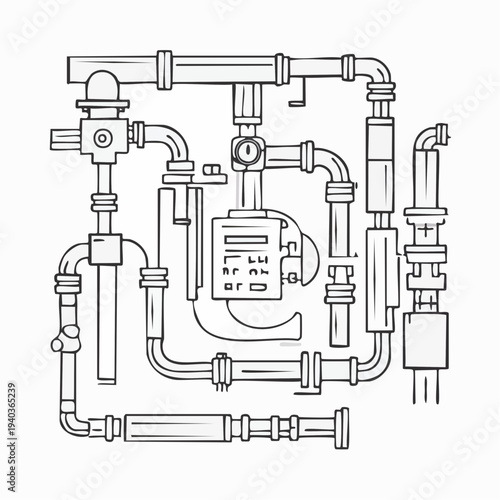 Complex industrial piping system with various valves and fittings.