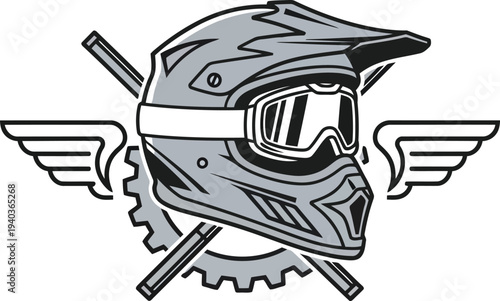 Motocross Helmet Emblem with Goggles, Gear, and Wings Vector Illustration for Racing Logos