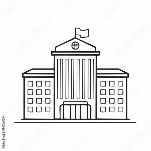 Simple line drawing of a government or institutional building with columns and a flag.