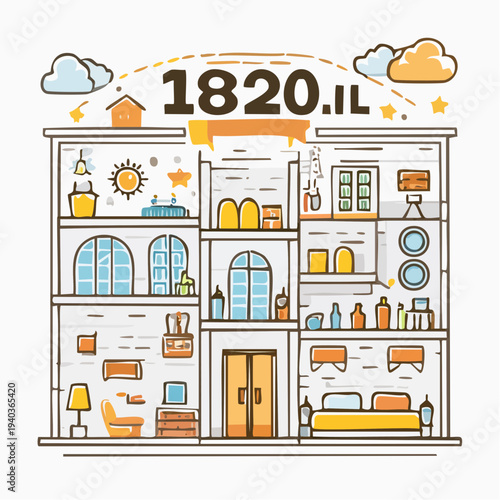 Illustration of a multi-story house with various rooms and decorative elements.