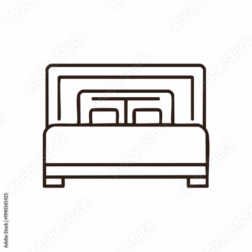 Simple line art illustration of a bed with pillows and a headboard.
