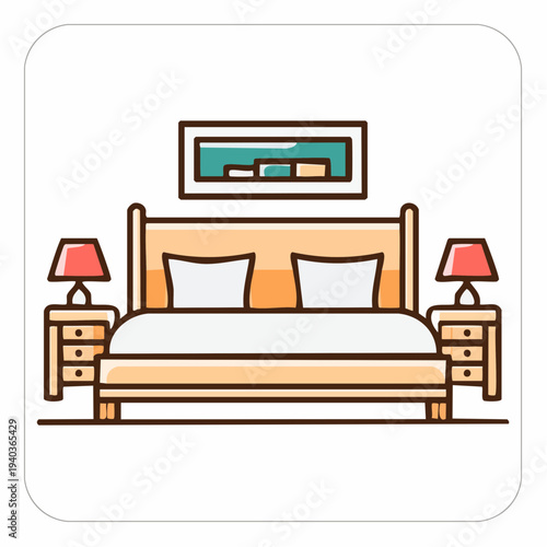 Simple illustration of a bedroom with bed and nightstands.