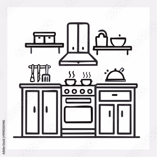 Simple black and white kitchen illustration with modern appliances and utensils.