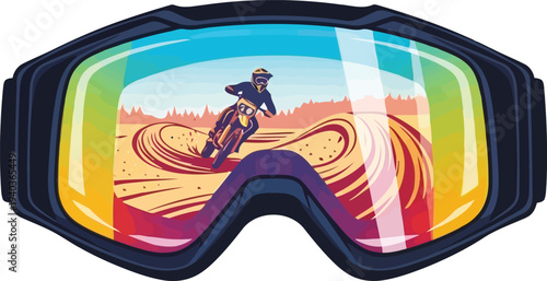 Motocross Rider Reflected in Goggles on Sandy Track Vector Illustration for Extreme Sports Concepts
