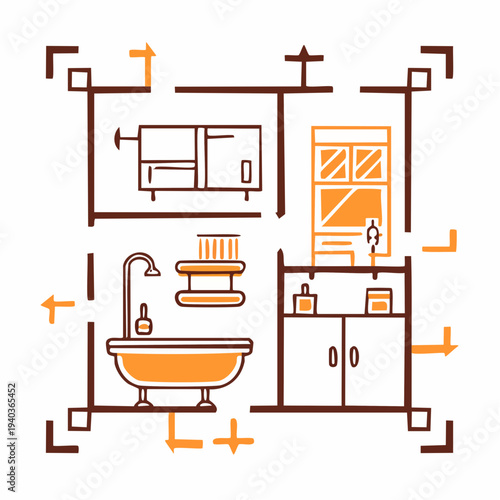Bathroom floor plan with bathtub and sink.