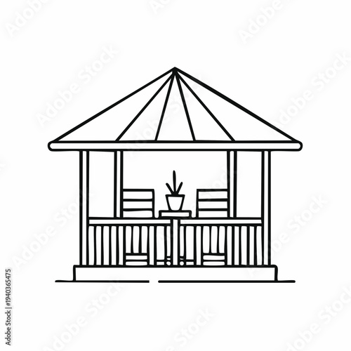 Simple line drawing of a gazebo with a potted plant on a table.
