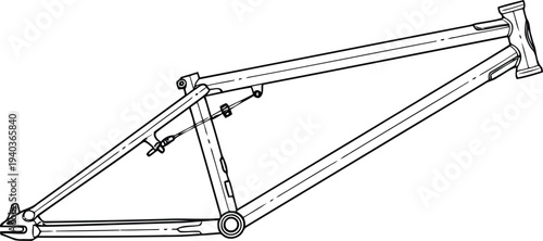 Detailed Line Drawing of Mountain Bike Frame Isolated on White Background