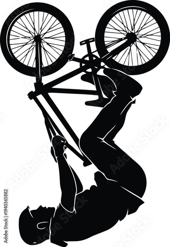 Silhouette of BMX Rider Performing Backflip Trick Isolated on White Background