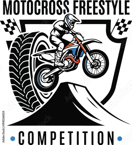 Motocross Freestyle Competition Logo with Rider Jumping Dirt Bike and Tire Graphic