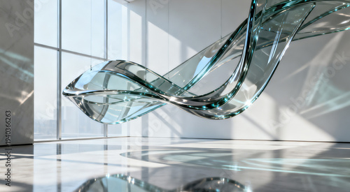 Translucent glass waves in modern interior, reflective floor, cool blue-gray tones