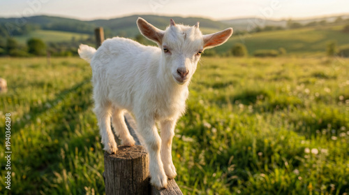 Adorable tiny white baby goat standing on old wooden fence post in green meadow with rolling hills at sunset