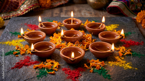 Nine lit traditional clay diyas with marigold petals and colorful rangoli powder on dark stone surface for Diwali