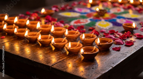 Rows of lit clay diyas arranged on dark wooden platform with colorful rangoli pattern and scattered rose petals