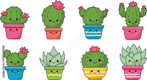 Cute cactus and succulent plants in colorful flower pots vector set with kawaii cartoon houseplant characters illustration