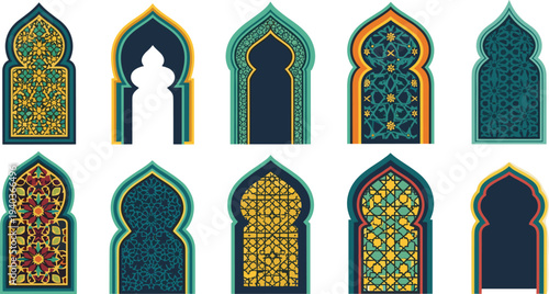 Islamic ornamental arch windows vector set with colorful arabesque geometric patterns traditional Middle Eastern decorative architecture elements