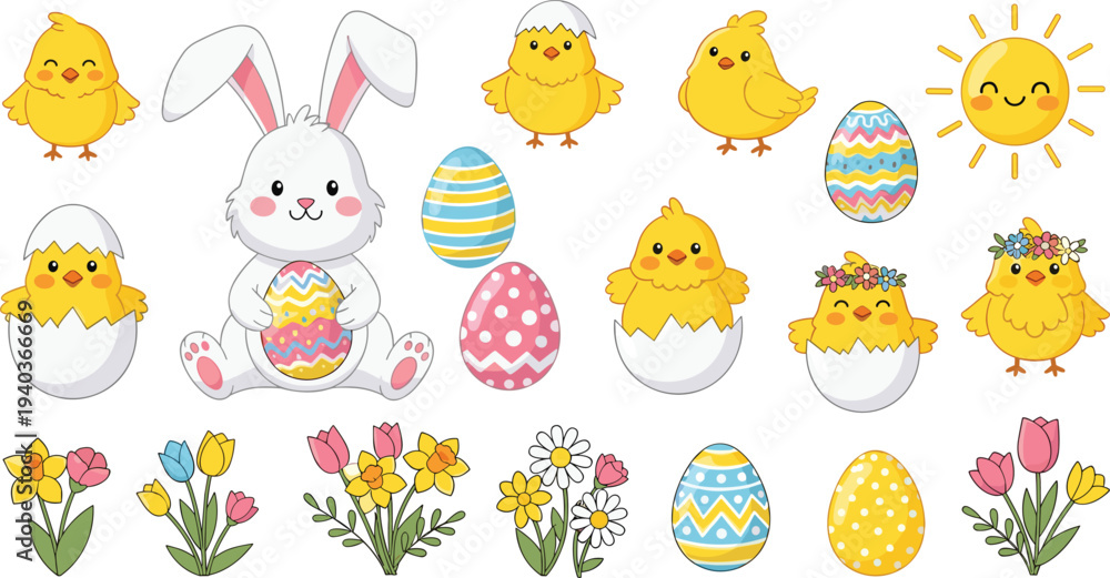 Fototapeta premium Cute Easter bunny chick and decorated eggs vector collection with spring flowers sunshine and festive holiday cartoon elements