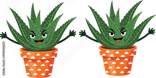 Cute aloe vera cactus character in flower pot vector illustration with funny cartoon houseplant mascot design