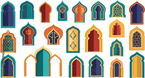 Islamic decorative arch windows and mosque door frames vector set with colorful Arabic geometric ornamental architecture elements