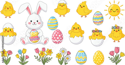 Cute Easter bunny chick and decorated eggs vector collection with spring flowers sunshine and festive holiday cartoon elements