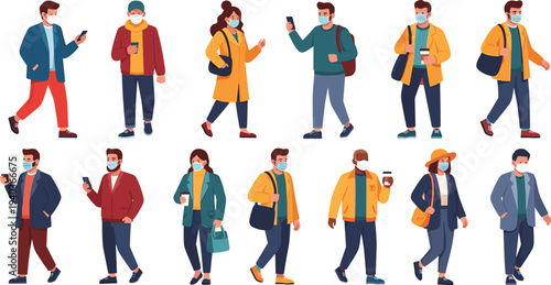 People wearing face masks walking and using smartphones vector set with modern urban characters during pandemic lifestyle illustration