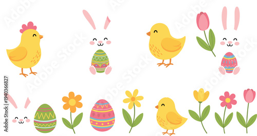 Cute Easter bunny chick and decorated eggs vector set with spring flowers pastel holiday elements for festive design collection